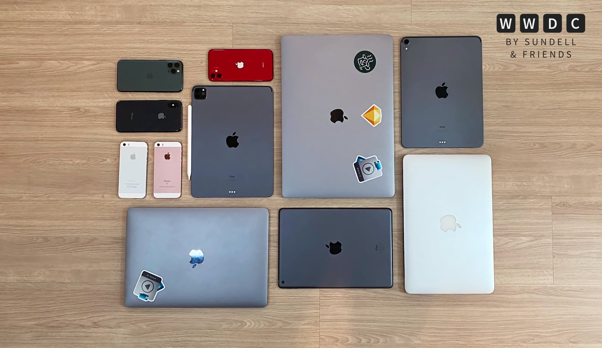 A lot of Apple devices in a grid, shot from above